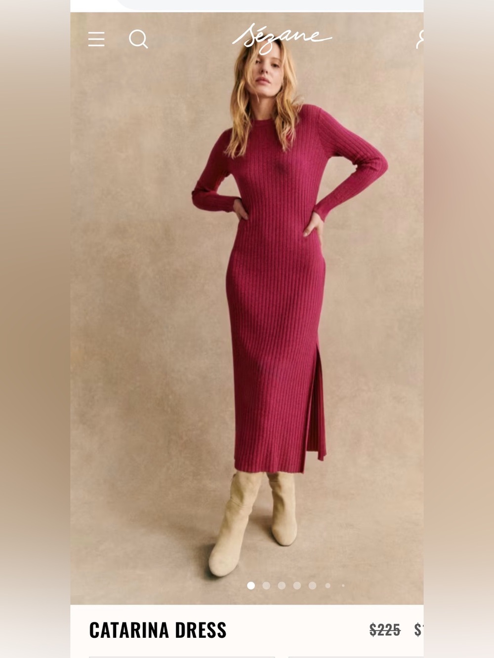 Sézane Long Sleeve Ribbed Maxi Dress in Berry